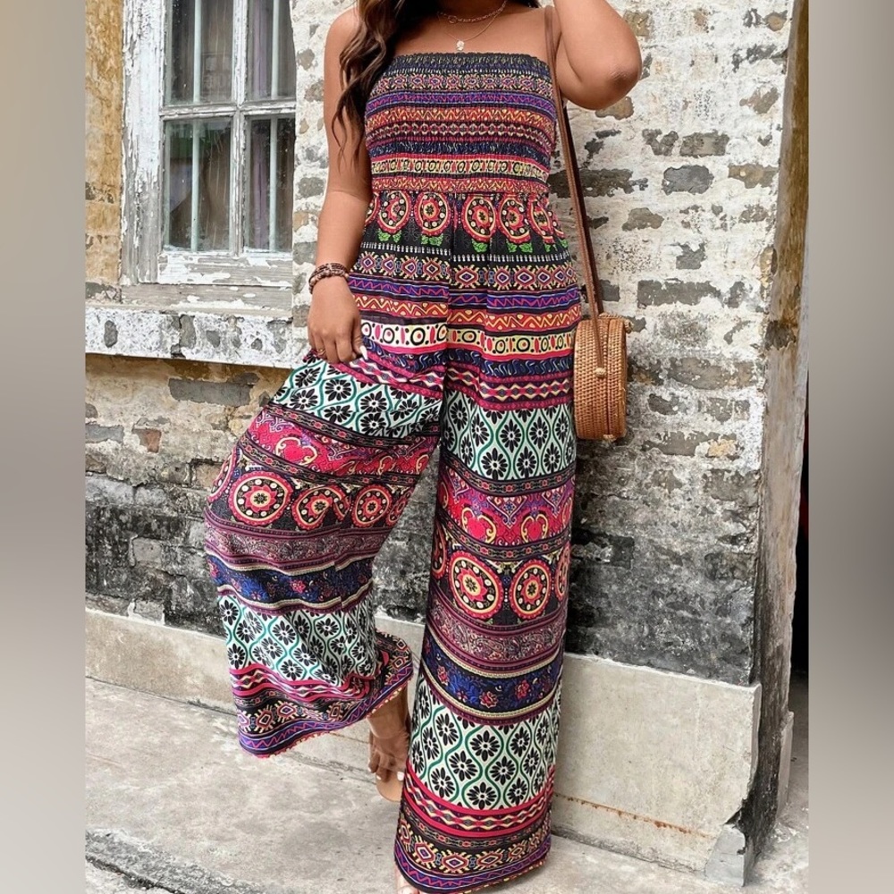 Geo print tube wide leg jumpsuit.